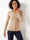 Talbots Mixed Cable Knit Polo Cardigan Sweater - Fawn