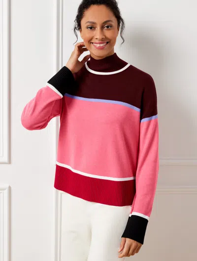 Talbots Mockneck Sweater - Striped Colorblock - Burgundy Berry - X