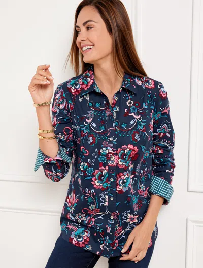 Talbots Petite - Modern Classic Shirt - Beautiful Floral - Ink/pomegranate - Medium - 100% Cotton  In Ink,pomegranate