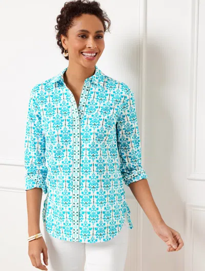 Talbots Plus Size - Modern Classic Shirt - Damask Bouquet - Pool Blue/heritage Green - 3x - 100% Cotton Talb In Pool Blue,heritage Green