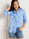 TALBOTS MODERN CLASSIC SHIRT - EMBROIDERED LOVELY PALM TREES - BLUE/BURNT OLIVE - X TALBOTS
