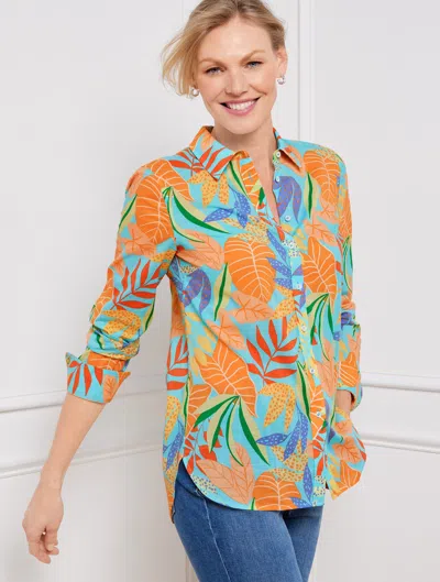 Talbots Modern Classic Shirt - Gathered Leaves - Vivid Turquoise - 1x - 100% Cotton