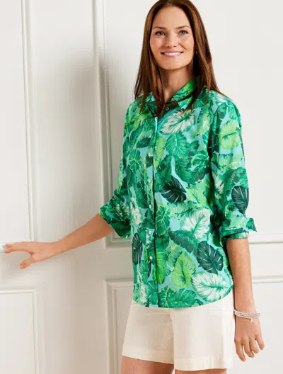Talbots Petite - Modern Classic Shirt - Isle Fronds - Vivid Turquoise - Large - 100% Cotton