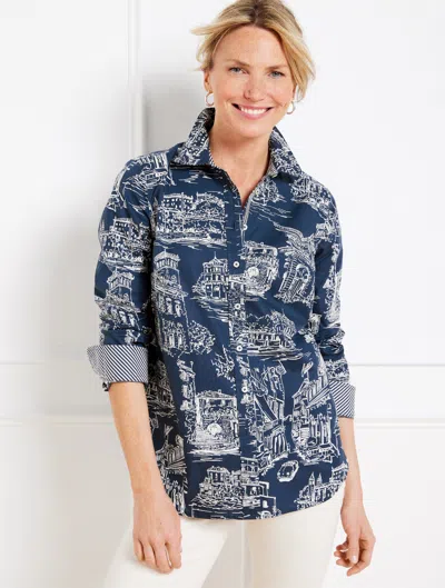 Talbots Petite - Modern Classic Shirt - Scenic Lake - Ink/white - 2xs - 100% Cotton  In Ink,white