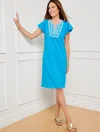 Talbots Plus Size - Nantucket Slub Embroidered Shift Dress - Cyan Blue - 3x  In Cyan Blue