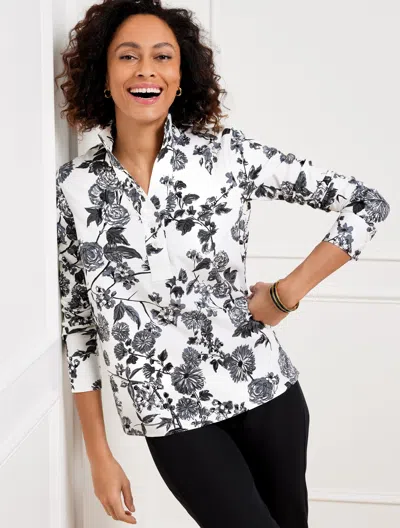 Talbots Misses - Non-iron Popover Shirt - Brushed Floral - White/black - Xl  In White,black