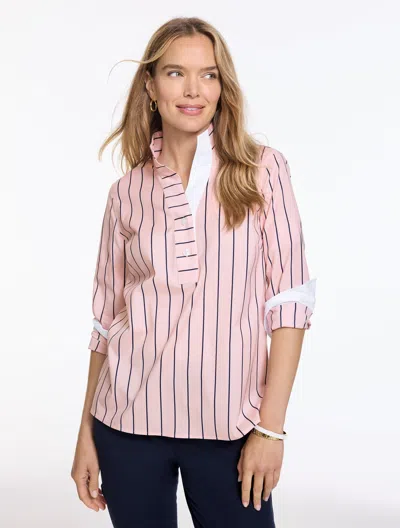 Talbots Non-iron Popover Shirt - Breezy Stripe - Delicate Rose/ink - Xs  In Pink