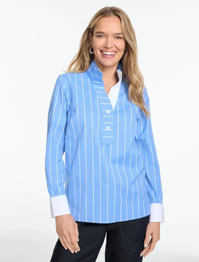 Talbots Non-iron Popover Shirt - Breezy Stripe - Vista Blue/white - Xs