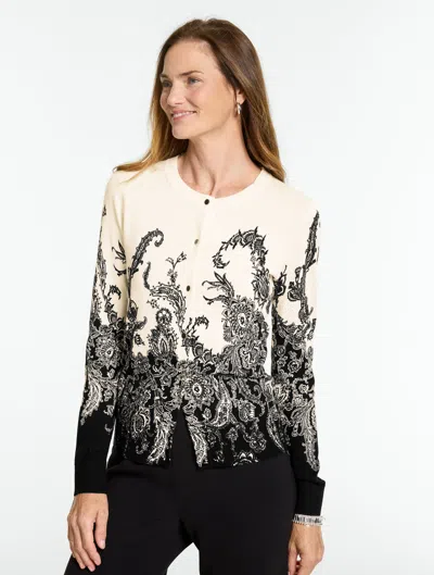 Talbots Occasion Crewneck Cardigan Sweater - Exquisite Paisley - Black/ivory - Xs  In Black,ivory