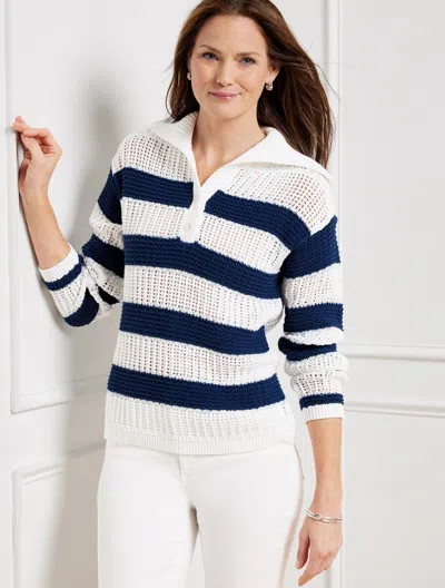 Talbots Open Stitch Sailor Collar Sweater - Stripe - White/crystal Blue - 3x - 100% Cotton  In White,crystal Blue