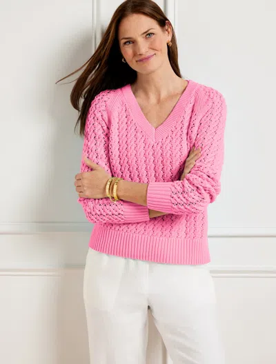 Talbots Open Stitch V-neck Sweater - Aurora Pink - X - 100% Cotton