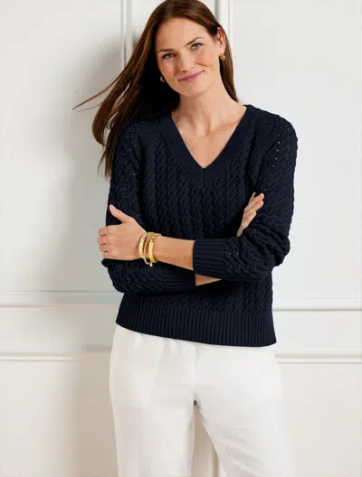 Talbots Open Stitch V-neck Sweater - Blue - 3x - 100% Cotton