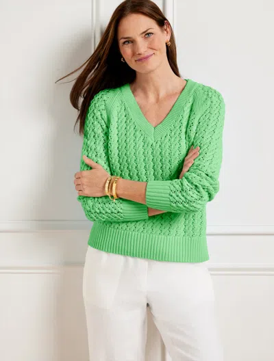 Talbots Open Stitch V-neck Sweater - Bright Lime - 2x - 100% Cotton