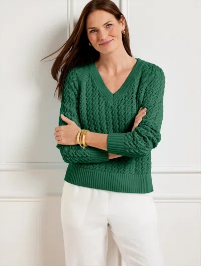 Talbots Open Stitch V-neck Sweater - Heritage Green - X - 100% Cotton