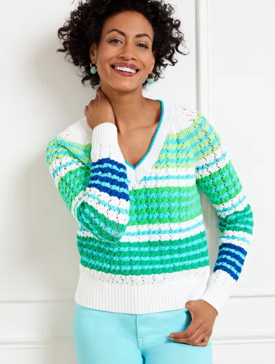 Talbots Plus Size - Open Stitch V-neck Sweater - Stripe - White - 3x - 100% Cotton