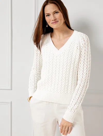 Talbots Open Stitch V-neck Sweater - White - X - 100% Cotton