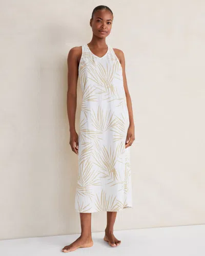 Talbots Organic Cotton Linen Palm Print Dress - White/sepia - Xxl  In White,sepia