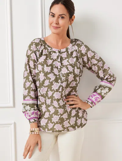 Talbots Misses - Outlined Botanical Popover Shirt - Burnt Olive/ivory - Medium - 100% Cotton  In Burnt Olive,ivory