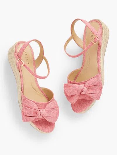 Talbots Pamela Bow Linen Espadrille Wedge Sandals - Lovely Coral - 8m - 100% Cotton