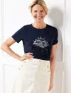 Talbots Pearl Embellished Crewneck T-shirt - Blue - 1x  In Blue