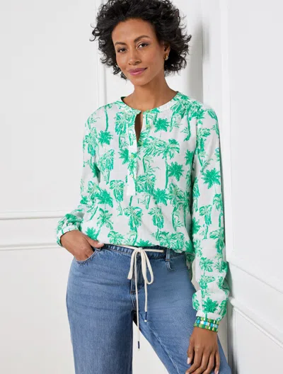 Talbots Petite - Band Collar Popover Shirt - Palm Tree - White/simply Green - 2xs  In White,simply Green