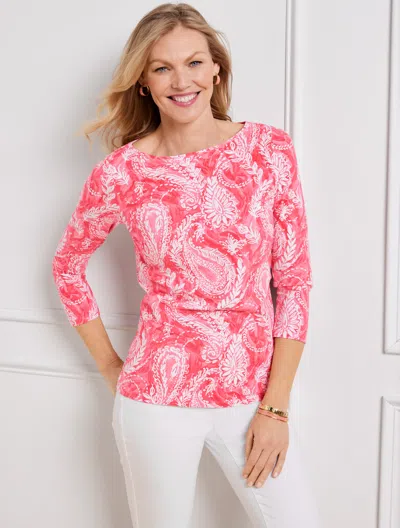 Talbots Bateau Neck T-shirt - Brushed Paisley - Lovely Coral/white - 3x  In Lovely Coral,white