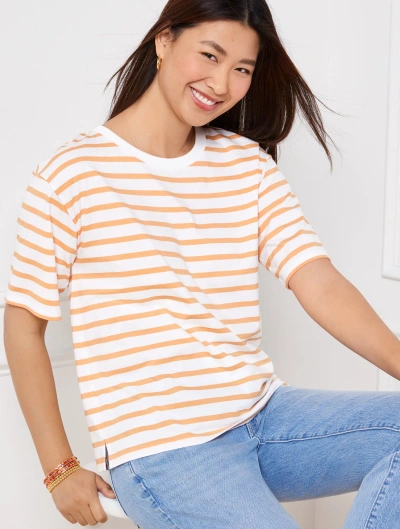 Talbots Petite - Boxy Crewneck T-shirt - Park Stripe - White/peach Sorbet - 2xs  In White,peach Sorbet