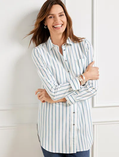 Talbots Petite - Boyfriend Shirt - Almond Stripe - Blue Aster - 2xs - 100% Cotton