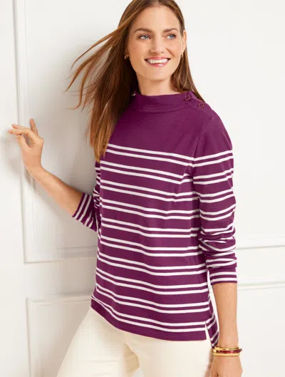 Talbots Petite - Button Detail Mockneck Top - Pretty Plum/ivory - 2xs  In Pretty Plum,ivory