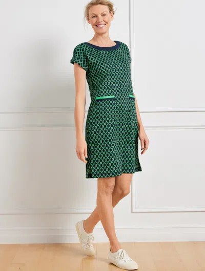 Talbots Petite - Cable Jacquard Short Sleeve Dress - Linked Geo - Indigo Blue/bright Lime - Small  In Indigo Blue,bright Lime