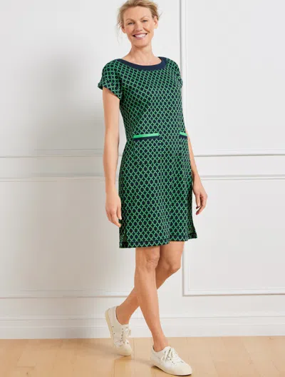 Talbots Petite - Cable Jacquard Short Sleeve Dress - Linked Geo - Indigo Blue/bright Lime - Large  In Indigo Blue,bright Lime