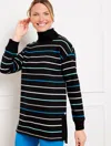 Talbots Petite - Classic French Terry Turtleneck Pullover Sweater - Traverse Stripe - Black/silver - 2xs Tal In Black,silver