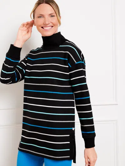 Talbots Petite - Classic French Terry Turtleneck Pullover Sweater - Traverse Stripe - Black/silver - 2xs Tal In Black,silver