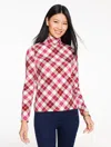 Talbots Petite - Classic Turtleneck Top - Winterberry Plaid - Ivory/port Wine - Xl  In Red