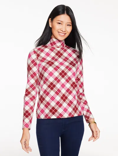 Talbots Petite - Classic Turtleneck Top - Winterberry Plaid - Ivory/port Wine - Xl  In Red