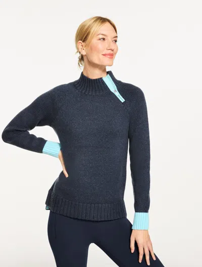 Talbots Petite - Colorblock Zip Mockneck Sweater - Iolite Heather - Medium  In Blue