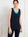 TALBOTS PETITE - COOL SLUB ACTIVE SLEEVELESS TANK TOP WITH BRA - LINKED GEO - BLUE - 2XS TALBOTS