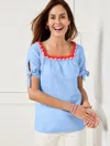 Talbots Petite - Crochet Trim Linen Top - Cross Dyed - Beach Blue/white - Medium  In Beach Blue,white