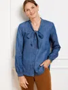 Talbots Petite - Denim Tie Neck Shirt - Brilliant Blue - Small - 100% Cotton  In Brilliant Blue