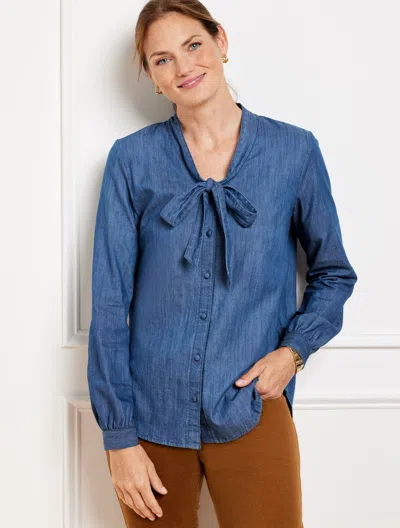 Talbots Petite - Denim Tie Neck Shirt - Brilliant Blue - Small - 100% Cotton