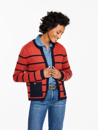 Talbots Petite - Double Knit Sweater Jacket - Stripe - Indigo Blue/red Currant - Xl