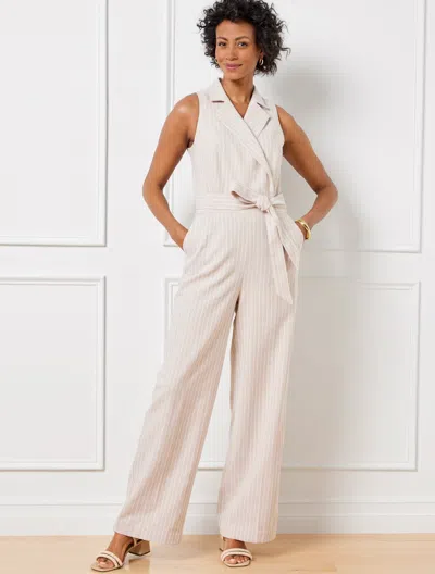 Talbots Petite - Double Stripe Linen Blend Jumpsuit Dress - Fawn/white - 14  In Fawn,white