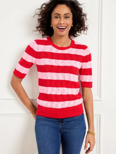Talbots Petite - Elbow Sleeve Pullover Sweater - Texture Stripe - Red Pepper/soft Pink - Large  In Red Pepper,soft Pink
