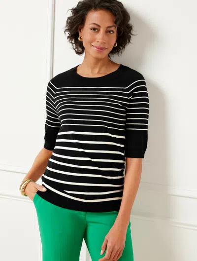 Talbots Petite - Elbow Sleeve Pullover Sweater - Variegated Breton - Black/ivory - Small  In Black,ivory