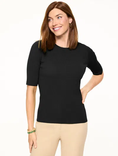 Talbots Petite - Elbow Sleeve Ribbed Crewneck Sweater - Black - Large