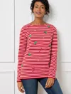 Talbots Petite - Embroidered Bateau Neck T-shirt - Holiday Icons - Red/ivory - 2xs - 100% Cotton  In Red,ivory