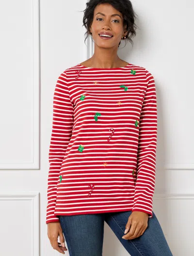 Talbots Petite - Embroidered Bateau Neck T-shirt - Holiday Icons - Red/ivory - 2xs - 100% Cotton  In Red,ivory
