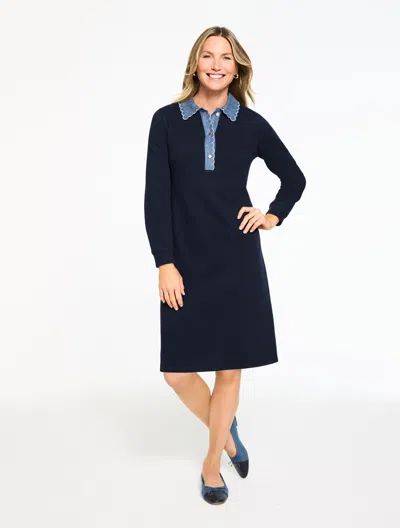 Talbots Petite - Embroidered Denim Collar Shift Dress - Blue - Small - 100% Cotton