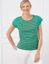 Talbots Petite - Embroidered Dropped Shoulder T-shirt - Josephine Stripe - Spring Moss/villa Blue - Medium -