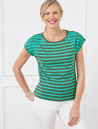 Talbots Petite - Embroidered Dropped Shoulder T-shirt - Josephine Stripe - Spring Moss/villa Blue - Medium -
